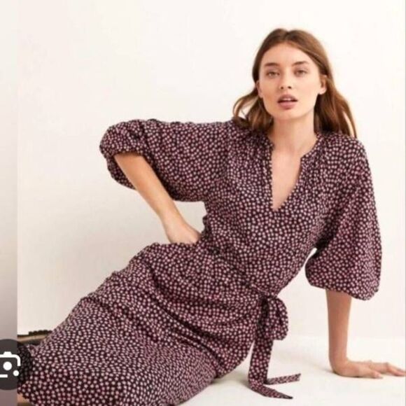 Boden Notch Neck Jersey Midi Dress In Pink/black Floral Sz 10R - Picture 1 of 5